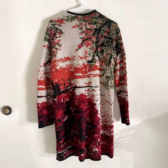 J. Jill Luxurious Black Red Cotton Wool  Jacquard Knit Cardigan Duster Small - Picture 6 of 9